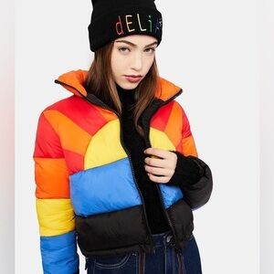 Vintage Y2K Delia’s Rainbow Sunrise Colorblock Puffer Jacket Women’s M euc